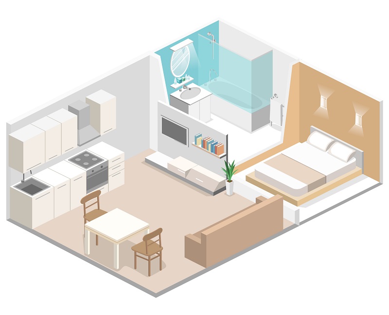 Grafika 3D w rzucie izometrycznym - małe mieszkanie