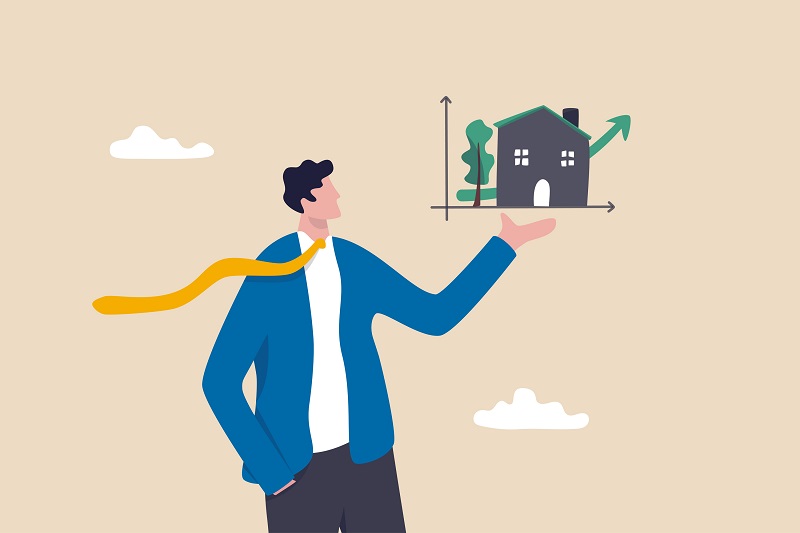 Grafika 2D - mężczyzna trzyma na wyciągniętej dłoni wykres obrazujący wzrost z ikoną domu