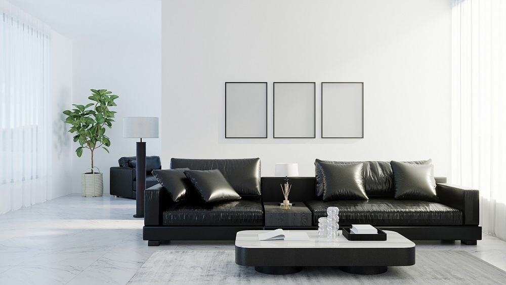 Wnętrze nowoczesnego apartamentu z czarną, skórzaną sofą