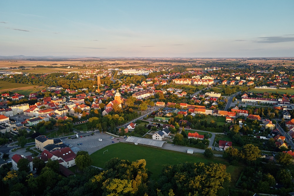 Widok z góry na zabudowę mieszkalną na przedmieściach