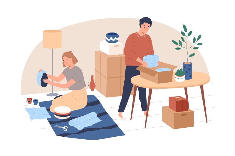 Grafika 2D - mężczyzna i kobieta sprzątający mieszkanie